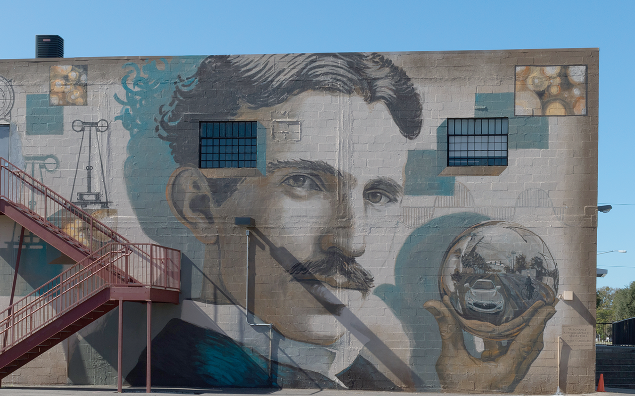 The Nikola Tesla mural on St. Petersburg's American Freedom Distillery.