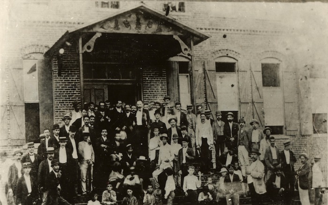 José Marti on the steps of Vicente Ybor’s cigar factory (now the entry to a Church of Scientology bookstore) in 1893.