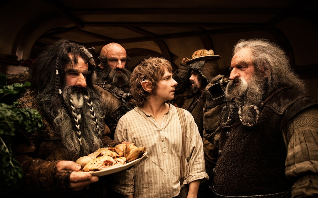 CHICKS DIG BEARDS: (From left) Bifur (William Kircher), Dwalin (Graham McTavish), Bilbo Baggins (Martin Freeman), Bofur (James Nesbitt) and Oin (John Callen) get to know each other in The Hobbit: An Unexpected Journey.