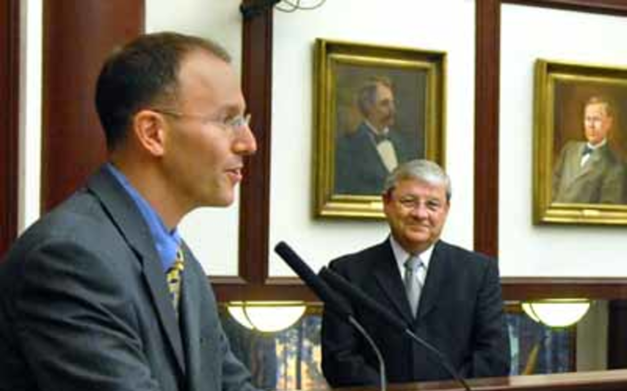 PARTING WORDS: Rep. Mike Scionti (D-Tampa) says farewell to the House Dec. 8 as Speaker Larry Cretul looks on.