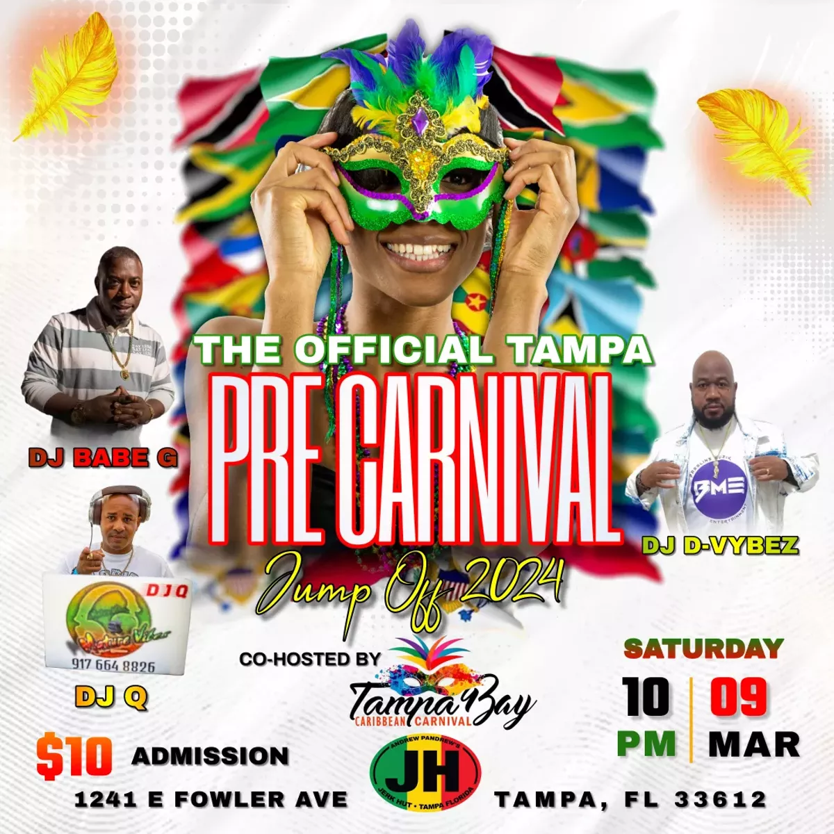 🎶 Kickstart the Carnival spirit this Saturday, March 9th at the Tampa Pre-Carnival Jump Off 2024! DJ D-Vybez, DJ Babe G, and DJ Q will be setting the vibe for an unforgettable night! Only $10 to get in! Let's make some memories! 💫 https://spt.to/6YevEl