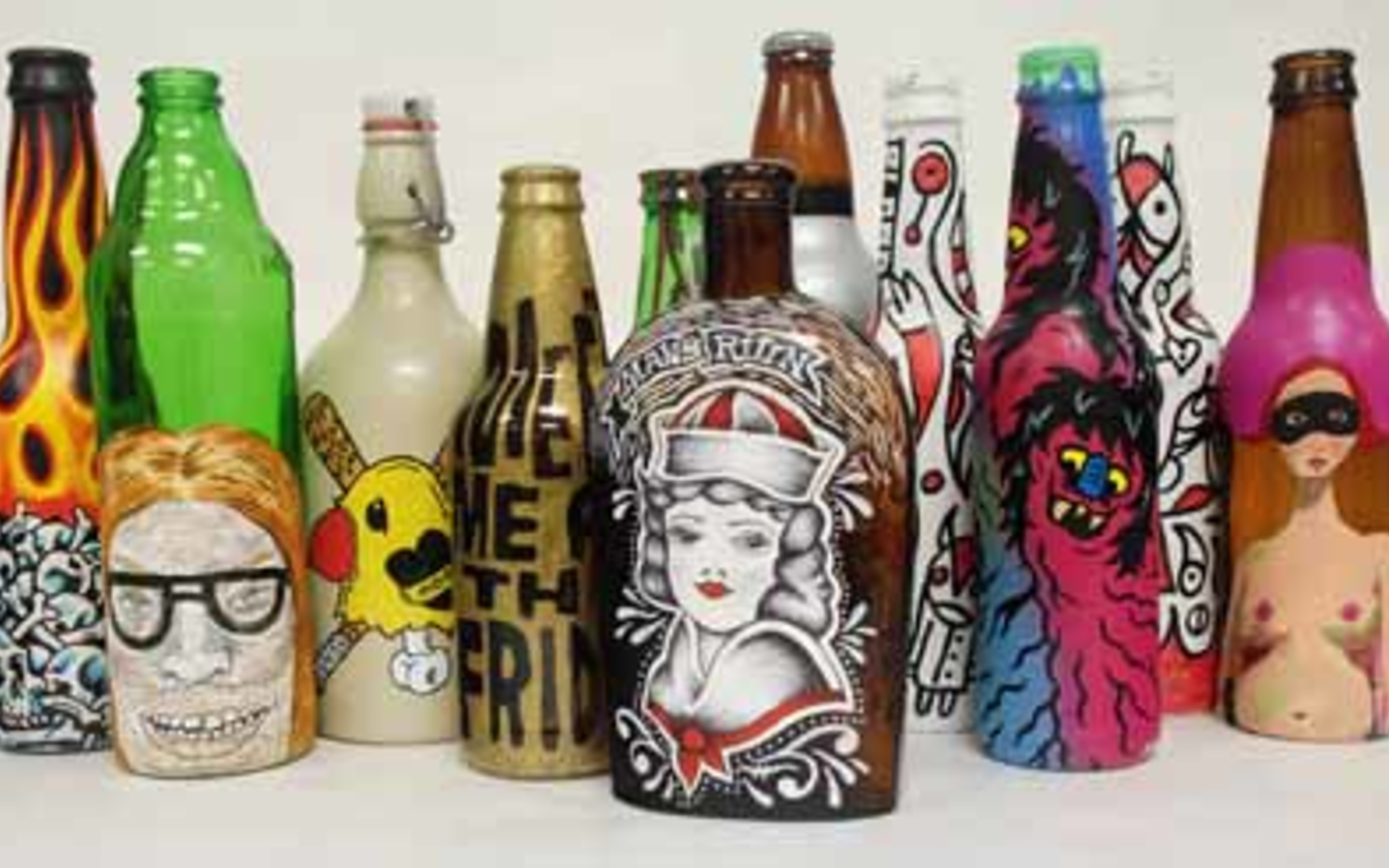 NINE OF 99: Bottles (from L to R) by Jimbo Phillips, Mike Aho, Durke Schmidt, Travis Millard, Ky Baker, Don Pendleton (two red and white abstract bottles), Mike Le Merde and Jennifer Alfonso.