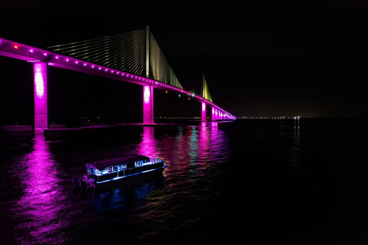 Skyway Bridge light show cruise
727-380-0431
Sure, you've seen the Skyway Bridge, but have you seen it up close at night, and under the lights?! Hop on a 50-foot catamaran for a scenic trip of Tampa Bays most iconic bridge. Stops include Outback Key, where you can see the sunset over the Gulf of Mexico, and the Skyway Bridge for the must-see light show. There is also a bar on the boat that offers a variety of beer and wine.
Photo via St.Pete Coastal Cruises/Website