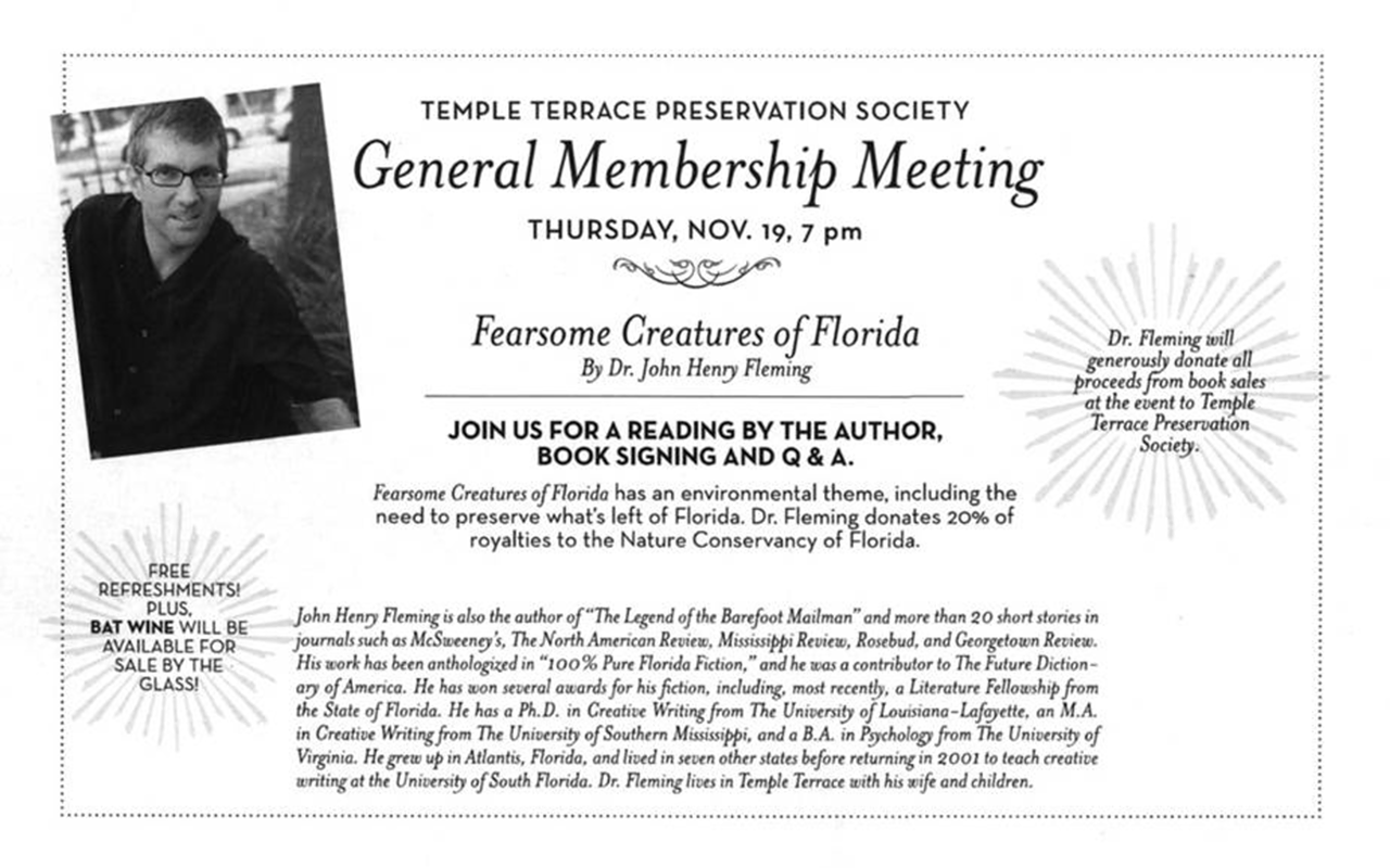 The Temple Terrace Preservation Society's next meeting to feature local author Dr. John Henry Fleming and his book Fearsome Creatures of Florida