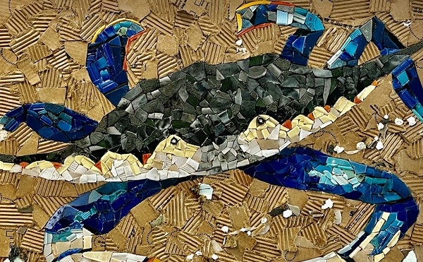 A blue crab collage by artist Sigrid Tidmore.