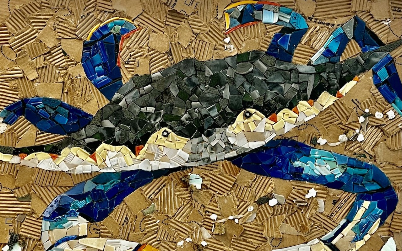 A blue crab collage by artist Sigrid Tidmore.