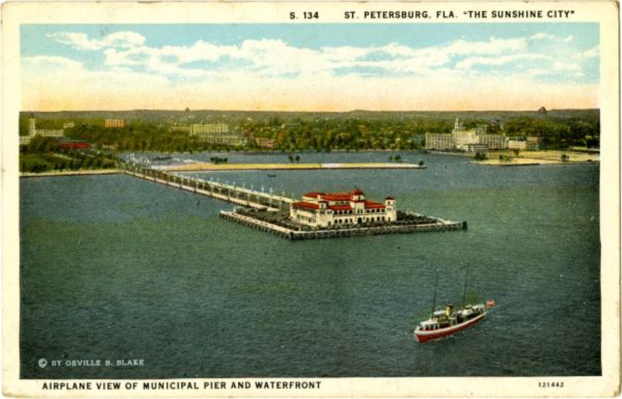 Postcard showing an airplane view of Municipal Pier and waterfront in St. Petersburg, circa 1926.