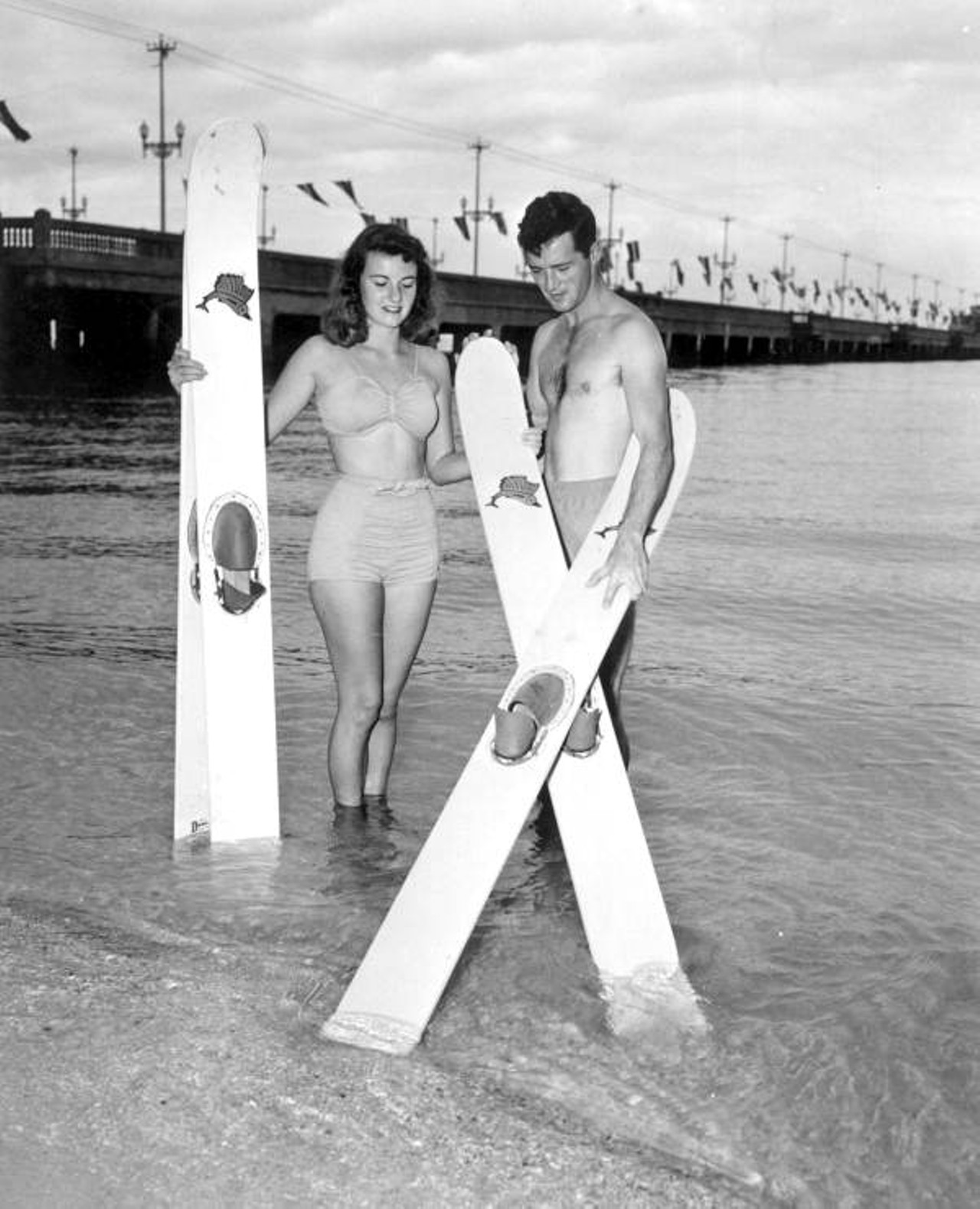 Instructor, Mike Shea and pupil, Doris Joan Boardman with Desco water skis - Saint Petersburg, Florida, 1947.