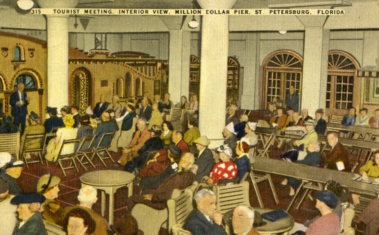 Tourist meeting, interior view, Million Dollar Pier, St. Petersburg, Florida, circa 1926.