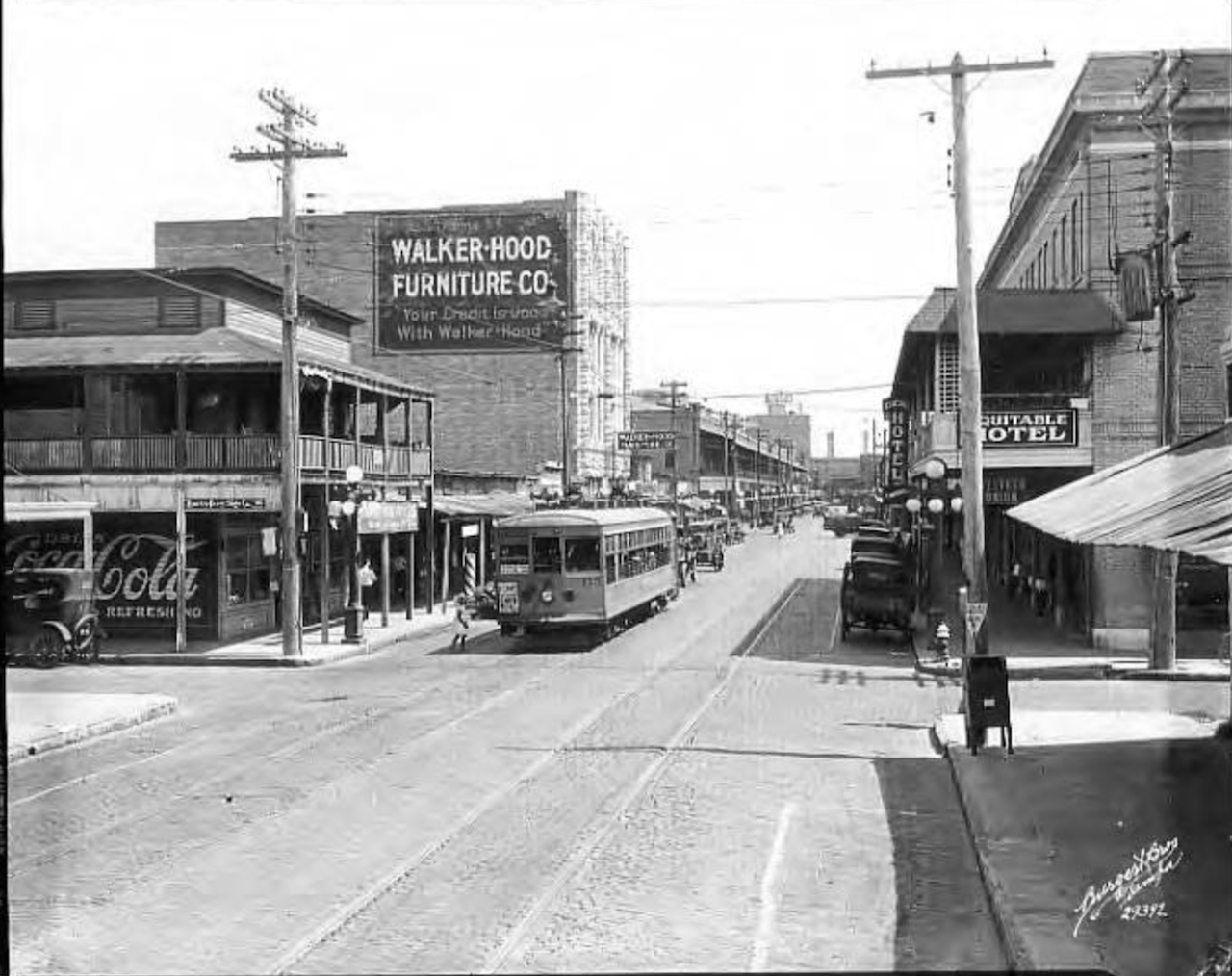 Franklin Street view south with Walker-Hood Furniture Company, Equitable Hotel and a streetcar in Tampa, Florida in 1929.  
Photo by Burgert Brothers via ia Tampa-Hillsborough County Public Library System