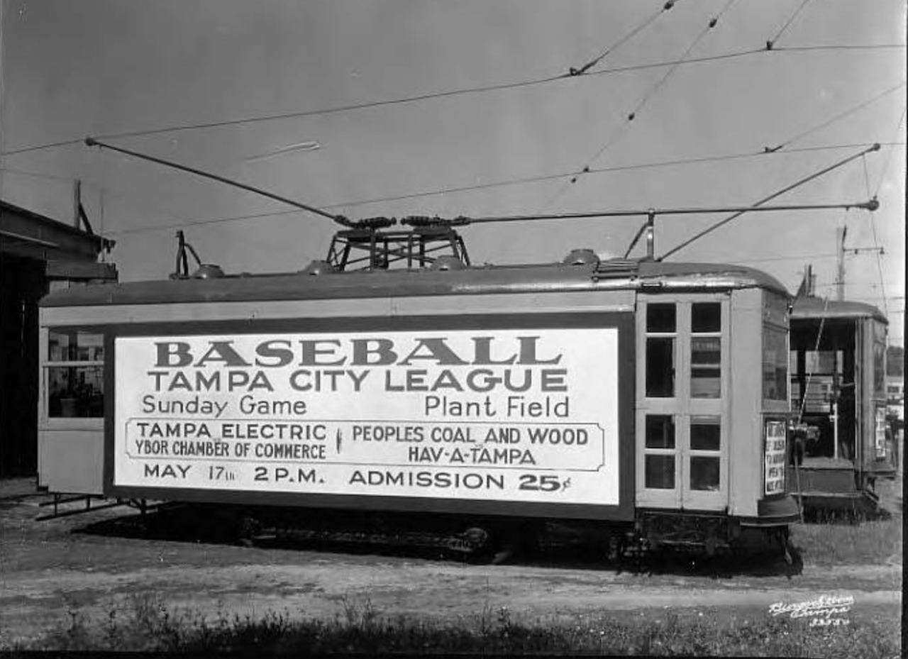 Streetcar with large side billboard advertising Tampa City League baseball in Tampa, Florida in 1931.
Photo by Burgert Brothers via ia Tampa-Hillsborough County Public Library System