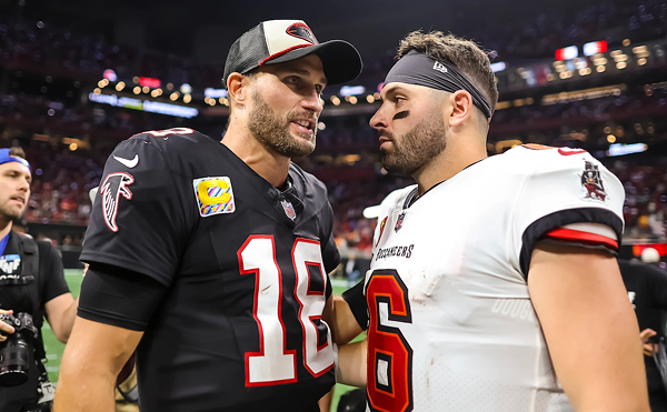 Atlanta Falcons quarterback Kirk Cousins (L) racked up 509-yards and four touchdowns compared to Tampa Bay Buccaneers quarterback Baker Mayfield who found the end zone three times.