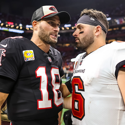 Atlanta Falcons quarterback Kirk Cousins (L) racked up 509-yards and four touchdowns compared to Tampa Bay Buccaneers quarterback Baker Mayfield who found the end zone three times.