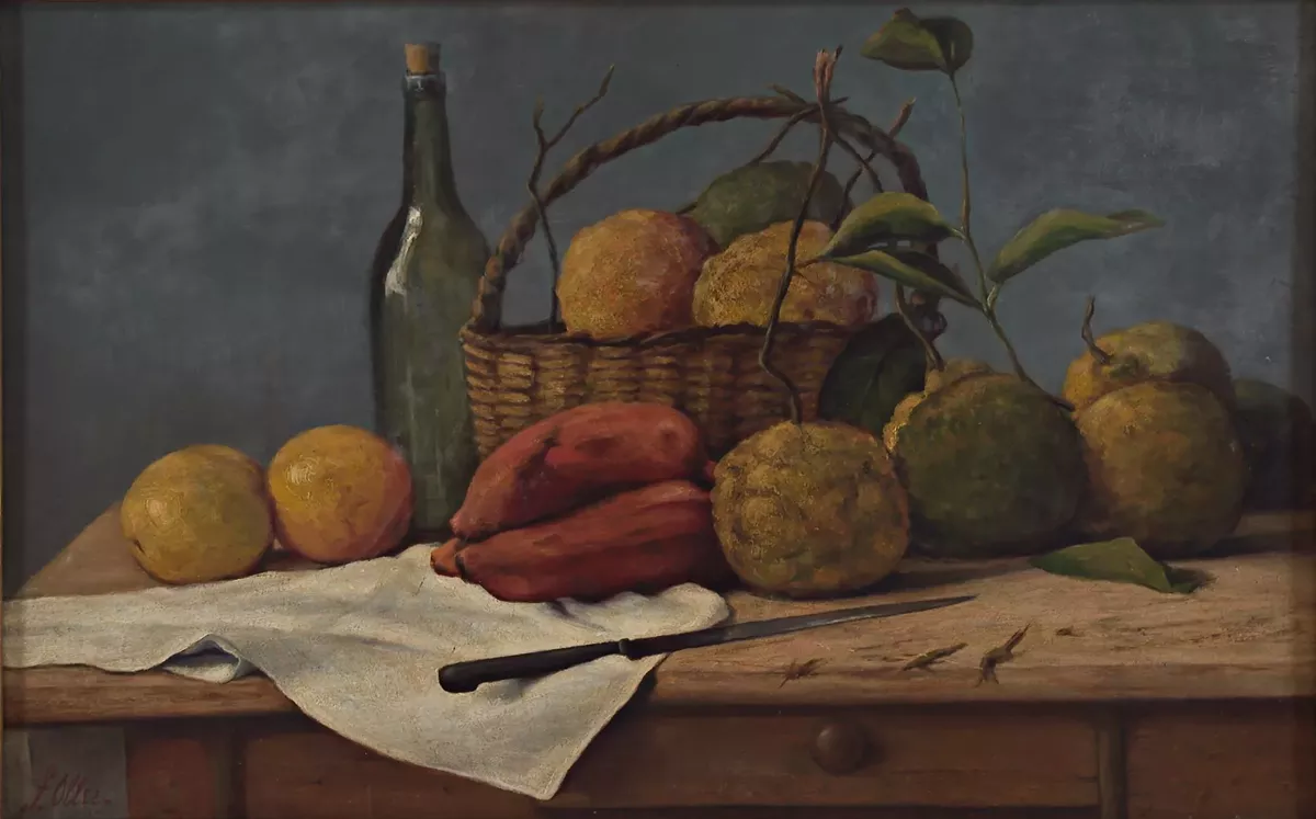 Francisco Oller y Cestero, (Puerto Rican, 1833&ndash;1917), Still Life (Naturaleza muerta), c. 1900, Oil on canvas, 20 3/16 x 31 in., Museo de Arte de Ponce. The Luis A. Ferr&eacute; Foundation, Inc., 56.0009