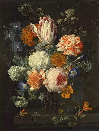 Nicolaes van Verendael, (Flemish, 1640-1691), Still Life of Tulips, Convolvulus, Rose and Other Flowers in a Glass Vase on a Ledge, ca. 17th Century, Oil on Canvas, 15.5 x 12.25 in., Long term loan from The Grasset-Linares Collection