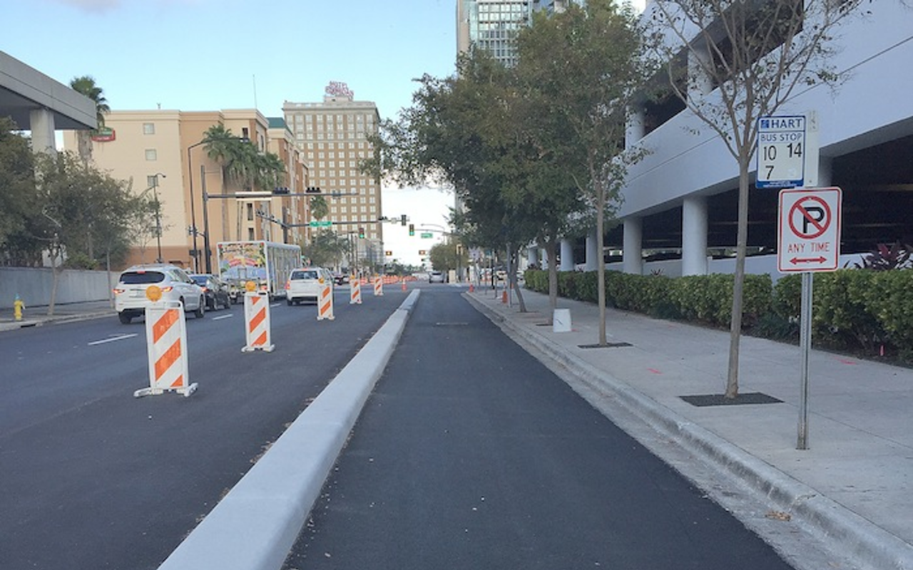 The first leg of Tampa’s Green Spine creates a concrete separation between drivers and cyclists.