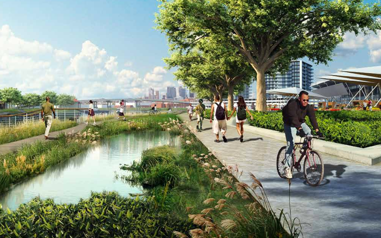 An illustrative rendering depicting a segment of the proposed West River Trail looking south.
