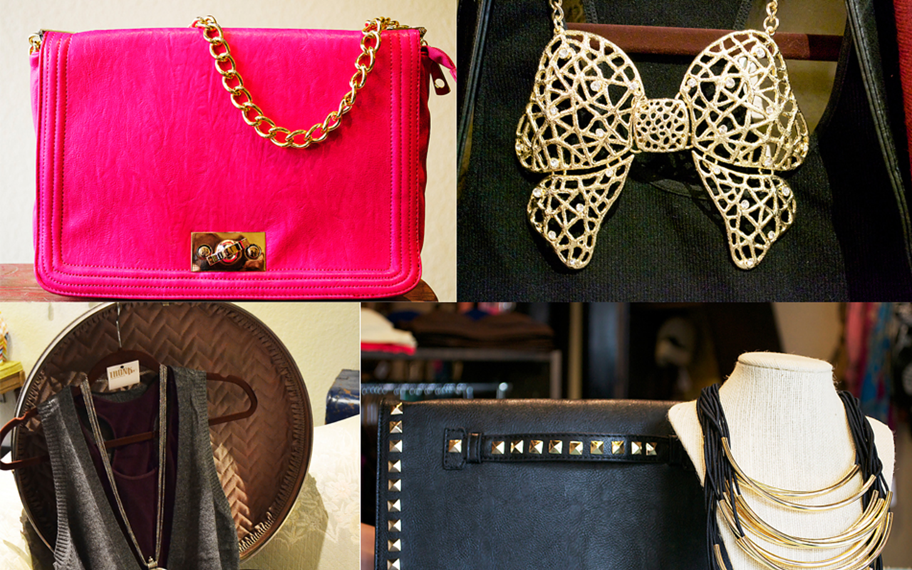 REBORN IN A TRUNK: (cockwise from left) hot pink handbag, $42; The bowtie necklace, my latest crush; studded clutch, $32, and layered gold plate necklace, $24; bow belt, $14; cheetah oxfords, $27.99; and an ombre vest, $32, and pocket watch necklace, $16.