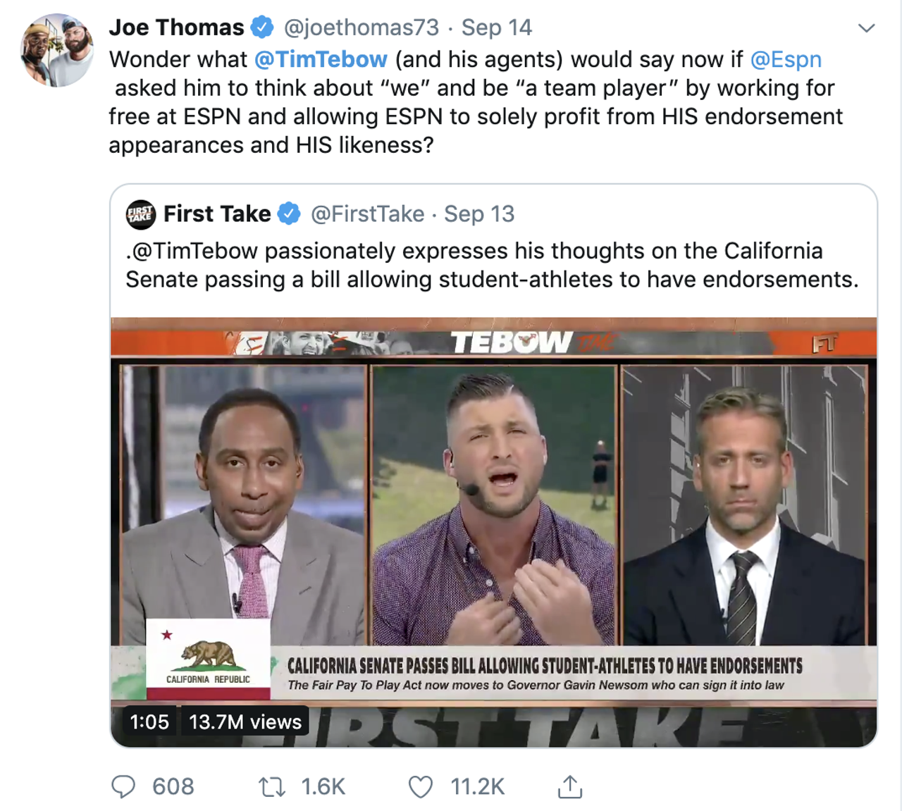 Twitter reacts to Tim Tebow's dumb rant on why college athletes shouldn't get paid