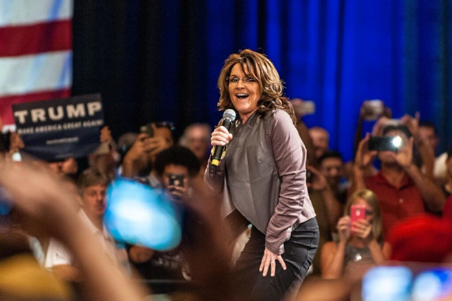 Surprise guest Sarah Palin touts Trump in Tampa. - Nick Cardello