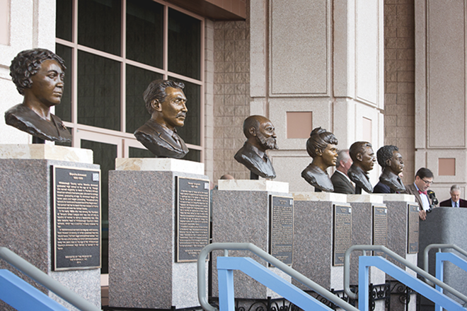 Busts of Blanche Armwood, Herman Glogowski, Gavino Gutierrez, Bena Wolf Maas, Hugh Campbell Macfarlane, and Moses White were unveiled today as the next installment of historical figures for display along Tampa's Riverwalk - Chip Weiner
