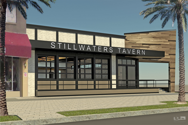 A rendering of the Stillwaters Tavern's exterior. - BellaBrava