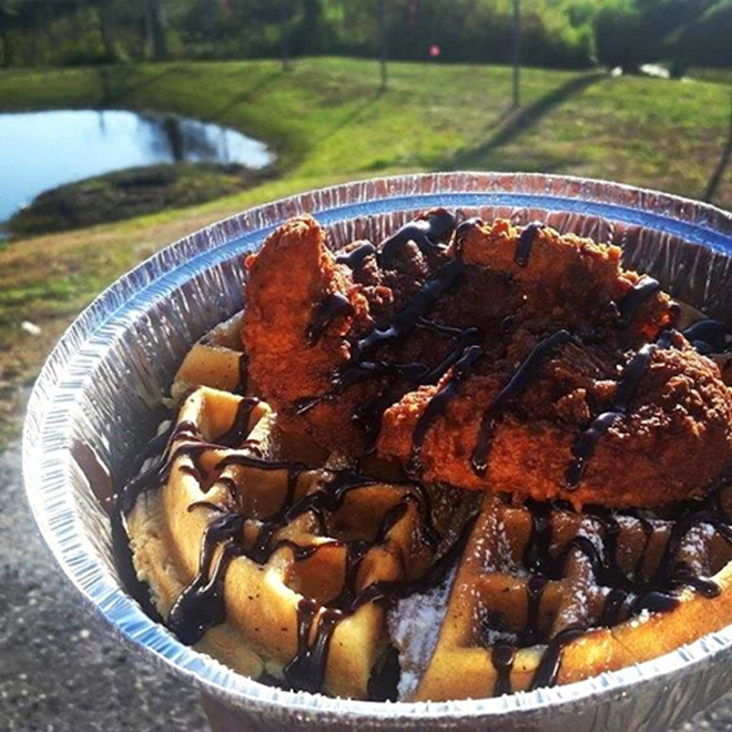 The Twisted Iron's chocolate friend chicken on a homemade waffle. - Carlos Eats via Facebook