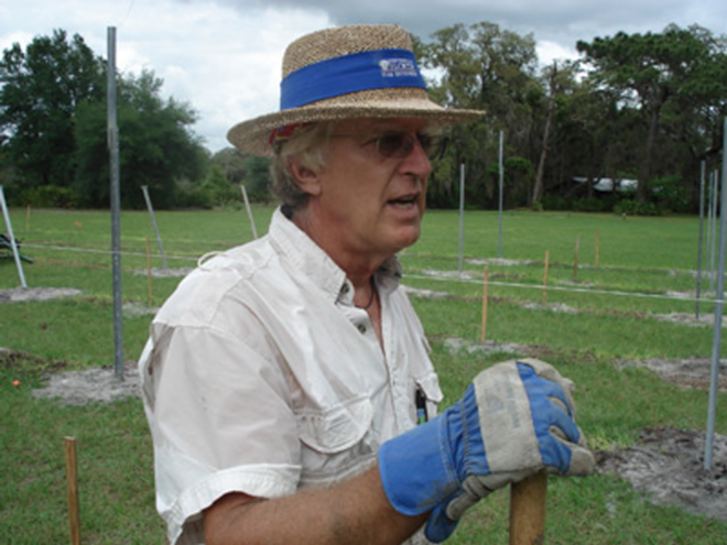 CULTIVATING CONNECTIONS: For the past three years, Dr. Robert Kluson, shown here planting muscadine grapes in a new vineyard at the Crowley Museum and Nature Center in Myakka, has worked to open up markets to local farmers. - Brian Ries