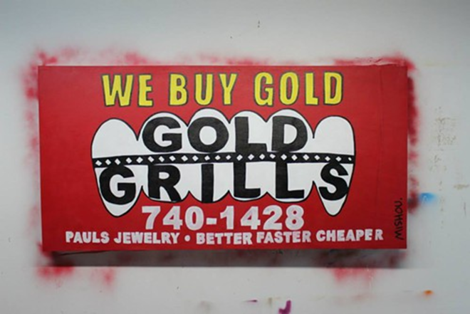 GRILLZ FOR THRILLZ: "Get Your Fronts," from Mishou Sanchez's Tampa Series, 2013, is a 24-by-36-inch acrylic on canvas painting that captures a familiar West Tampa billboard. - Mishou Sanchez