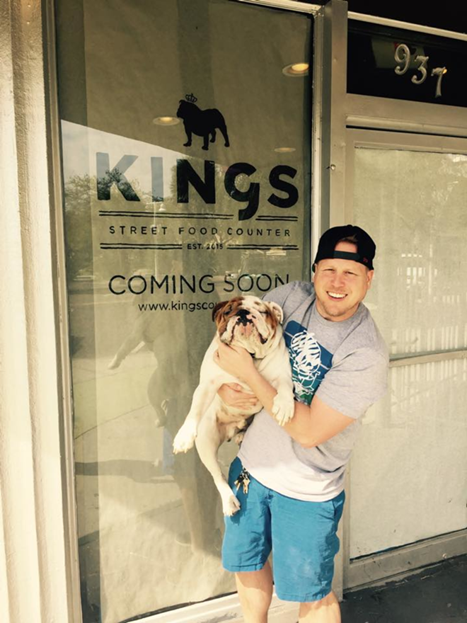 Owner Stephen Schrutt with his English bulldog King, who the new restaurant's named after. - Kings Street Food Counter