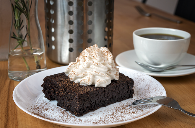 The desserts take a bit of adjustment. The chocolate olive oil cake displays a fine crumb and is topped with an unexpected whipped cream made from coconut sweetened with maple syrup. - CHIP WEINER