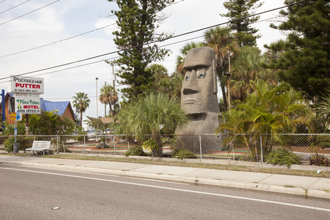 GOLF GOD: An Easter Island statue greets visitors to the Polynesian Putter, established in 1966. - nicole abbett