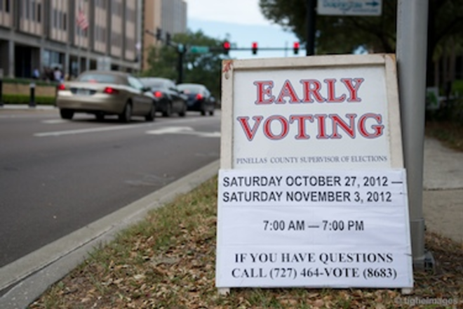 A sign on first day of early voting directing people to the Pinellas County Courthouse in Clearwater, Florida. - Kevin Tighe