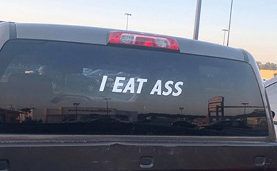 The actual "I Eat Ass" sticker - Photo via Smoking Gun