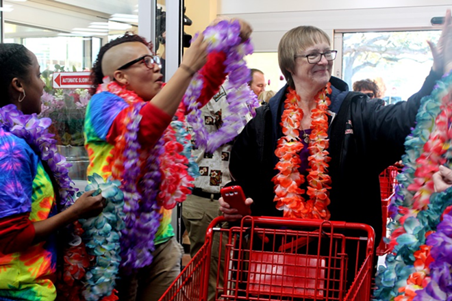 Many a lei awaited those who stopped by the new TJ's Friday morning. - MEAGHAN HABUDA