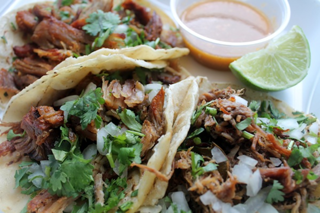A trio of La Fiesta’s affordable and toothsome tacos. - meaghan habuda