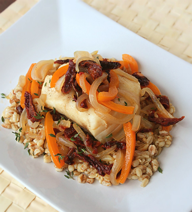 Brazenly braising: White Fish with Bell Peppers & Sun-Dried Tomatoes - Katie Machol Simon
