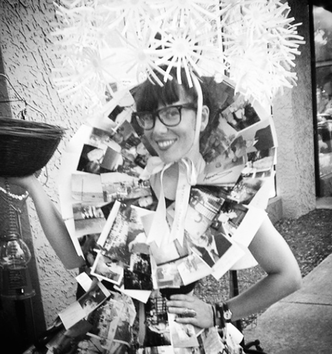 Marina Williams, owner of Art Pool Gallery, wearing her fashion trashion creation. - Marina Williams on Instagram