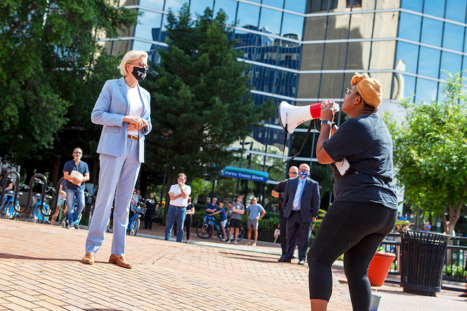 A protester engages with Tampa Mayor Jane Castor outside city hall on June 2, 2020. - PHOTO BY KIMBERLY DEFALCO