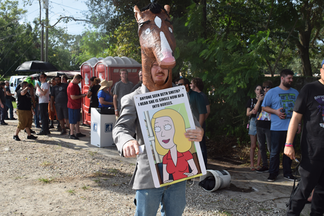 Deon Blackwell from Tampa dressed as Bojack Horseman, title character from a different show, but held a sign referring Morty's mother/Rick's daughter, Beth. - Terrence Smith