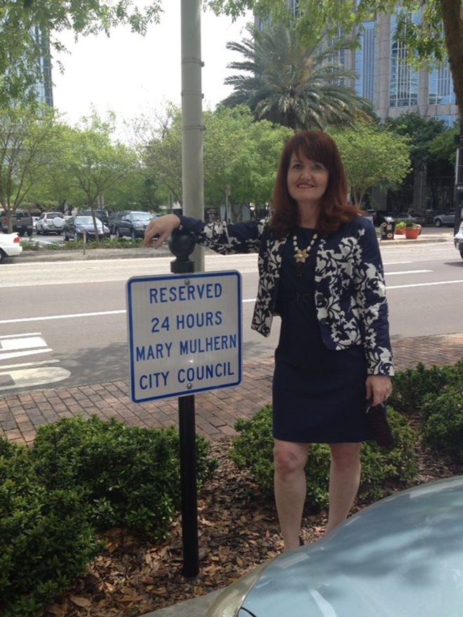 Mulhern laments losing her one perk as a member of City Council: free parking. - Facebook