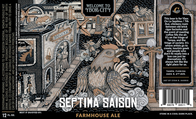 Roosters, cobblestone roads, Ybor streetlights and cigars are depicted on the Septima Saison label. - Courtesy of Coppertail Brewing Co.