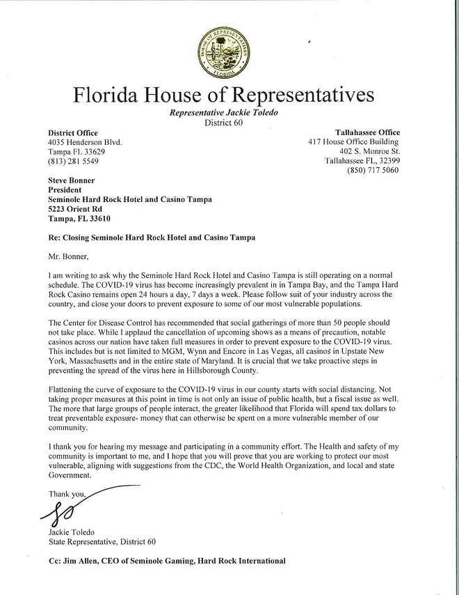 Rep. Jackie Toledo calls on Seminole Hard Rock Tampa to close to protect 'most vulnerable populations'