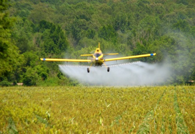 With the vast majority of the world's farms now relying on synthetic chemicals to grow crops and petroleum-derived fuels to drive the engines of production, modern agriculture has become overwhelmingly toxic to the atmosphere and is hastening global warming. Pictured: a crop duster in Tennessee. - Roger Smith via  Flickr