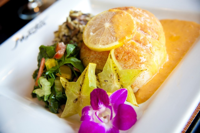 MAIN EVENT: Before taking in a show at the Straz, try Maestro’s Dover sole filet, garnished with starfruit and orchids. - ShannaGillette.com
