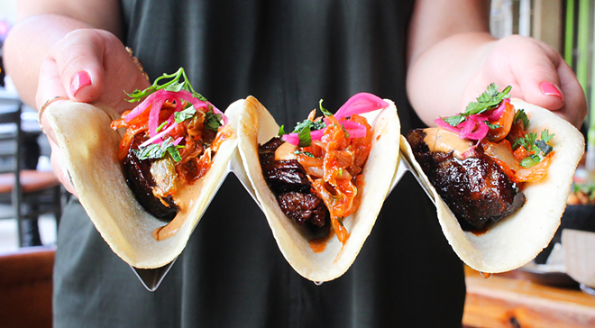 The dreamy Korean taco from Rocco's Tacos & Tequila Bar spotlights hoisin barbecue beef and kimchi. - Rocco's Tacos & Tequila Bar