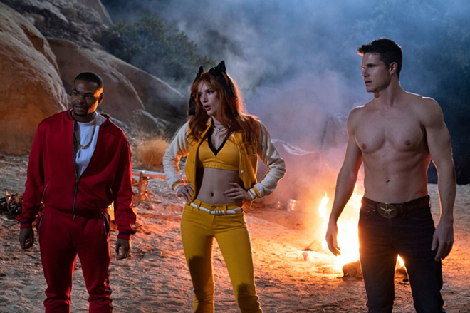 Andrew Bachelor, Bella Thorne and Robbie Amell, from left, return from the dead to get killed again in "The Babysitter: Killer Queen" - Netflix