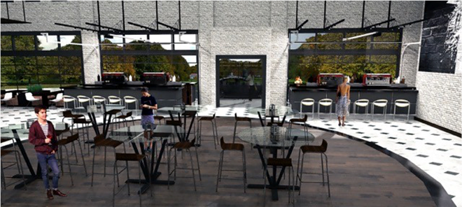 Another look at the upscale, indoor-outdoor concept's seating options and roll-up garage doors. - The Hall on Franklin