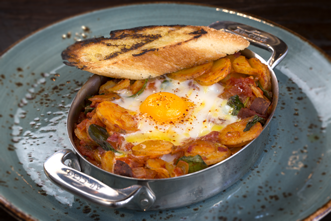 HUNGRY MAN: Egg Basquaise with chorizo, potato, sweet peppers, and spinach. - Chip Weiner