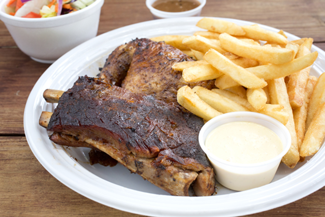 Pollo Garden's chicken and rib platter served with a snappy dipping sauce. - Chip Weiner